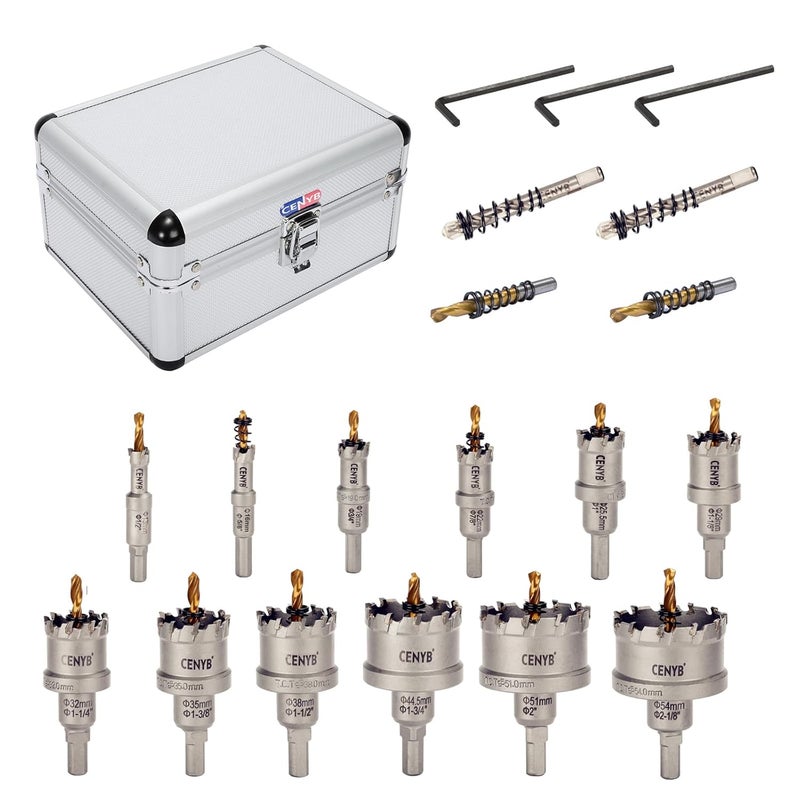 cenyb 12Pcs (13-54mm) TCT Carbide Hole Saw Kit for Hard Metals. Includes 2 Titanium, 1 Stepped Pilot Drill Bit, and 2 Hex Keys. Ideal for Stainless Steel, Iron, Aluminum, Alloys, and Other Metals - Image 1